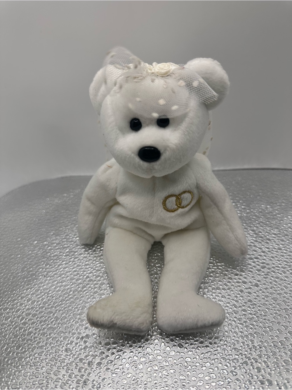 Ty “Mrs.” Beanie Babies White PlushWedding Bear with Gold Rings Embroidery